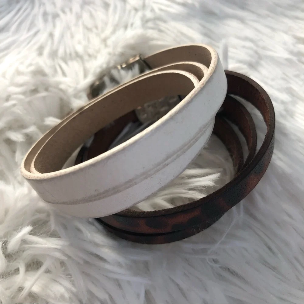 🩶5/$30 Brown Leopard and White Leather Wrap Bracelets with Silver Clasp